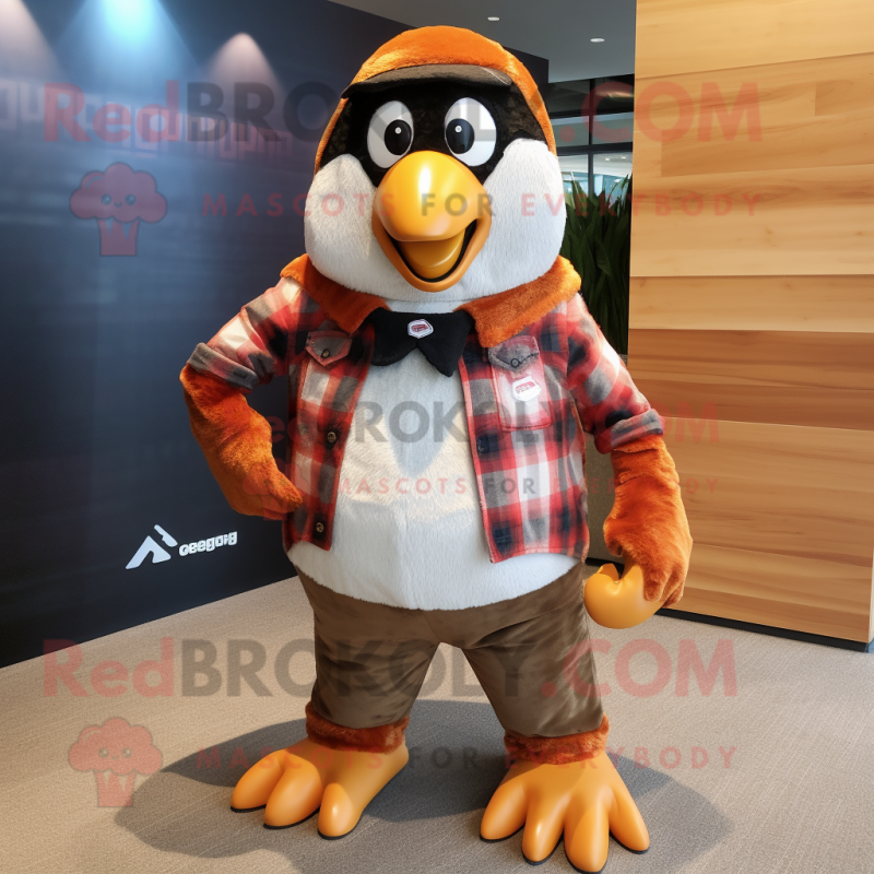 Rust Penguin mascot costume character dressed with a Flannel Shirt and Digital watches