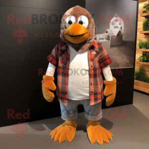 Rust Penguin mascot costume character dressed with a Flannel Shirt and Digital watches