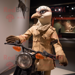 Beige Passenger Pigeon mascot costume character dressed with a Moto Jacket and Gloves