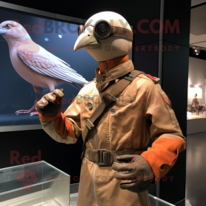 Beige Passenger Pigeon mascot costume character dressed with a Moto Jacket and Gloves