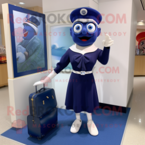 Navy Cyclops mascot costume character dressed with a Pencil Skirt and Tote bags