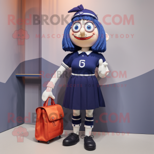 Navy Cyclops mascot costume character dressed with a Pencil Skirt and Tote bags