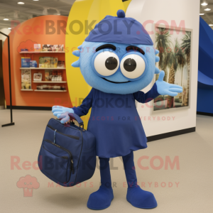 Navy Cyclops mascot costume character dressed with a Pencil Skirt and Tote bags