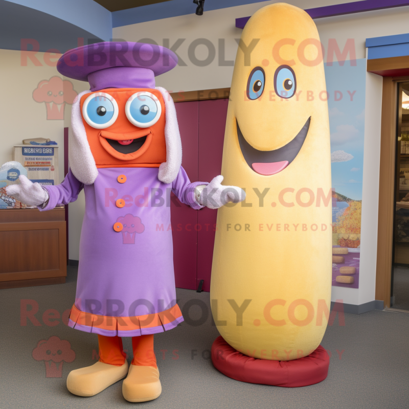 Lavender Hot Dog mascot costume character dressed with a Pencil Skirt and Hat pins Lavender Hot Dog mascot costume character dressed with a Pencil Skirt and Hat pins