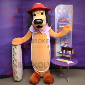 Lavender Hot Dog mascot costume character dressed with a Pencil Skirt and Hat pins