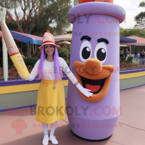 Lavender Hot Dog mascot costume character dressed with a Pencil Skirt and Hat pins