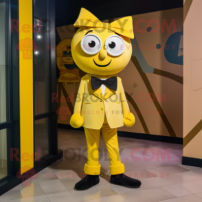 Yellow Pho mascot costume character dressed with a Skinny Jeans and Bow ties