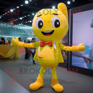 Yellow Pho mascot costume character dressed with a Skinny Jeans and Bow ties