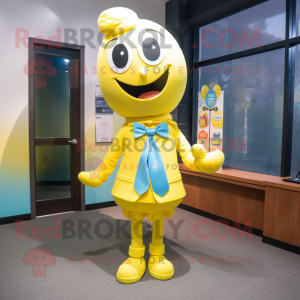 Yellow Pho mascot costume character dressed with a Skinny Jeans and Bow ties