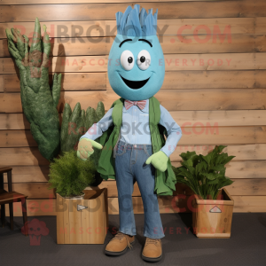 Teal Asparagus mascot costume character dressed with a Denim Shirt and Bow ties
