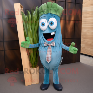 Teal Asparagus mascot costume character dressed with a Denim Shirt and Bow ties