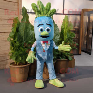 Teal Asparagus mascot costume character dressed with a Denim Shirt and Bow ties