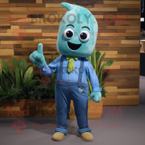 Teal Asparagus mascot costume character dressed with a Denim Shirt and Bow ties