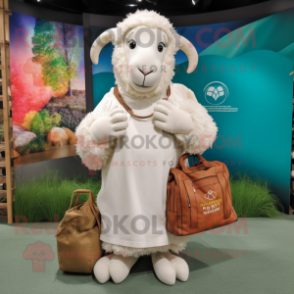 White Ram mascot costume character dressed with a Culottes and Tote bags