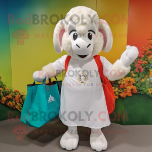 White Ram mascot costume character dressed with a Culottes and Tote bags