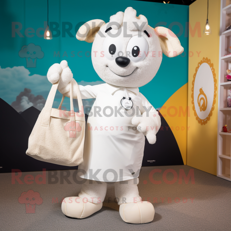 White Ram mascot costume character dressed with a Culottes and Tote bags