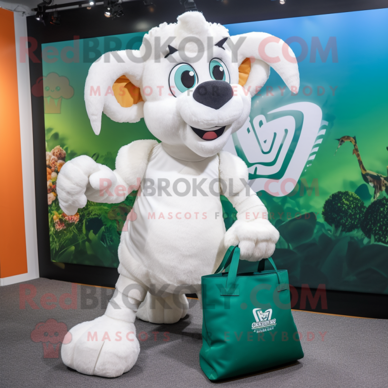 White Ram mascot costume character dressed with a Culottes and Tote bags White Ram mascot costume character dressed with a Culottes and Tote bags