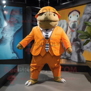 Orange Glyptodon mascot costume character dressed with a Jacket and Ties