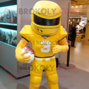 Yellow American Football Helmet mascot costume character dressed with a Running Shorts and Cummerbunds