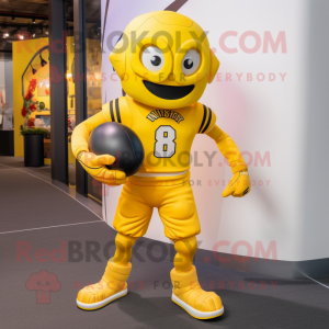 Yellow American Football Helmet mascot costume character dressed with a Running Shorts and Cummerbunds