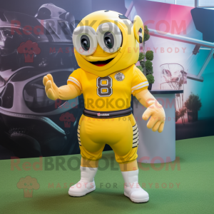 Yellow American Football Helmet mascot costume character dressed with a Running Shorts and Cummerbunds