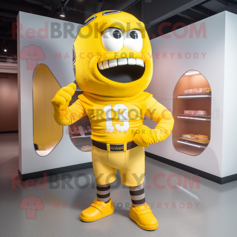 Yellow American Football Helmet mascot costume character dressed with a Running Shorts and Cummerbunds