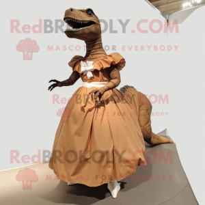 Brown T Rex mascot costume character dressed with a Ball Gown and Shoe clips