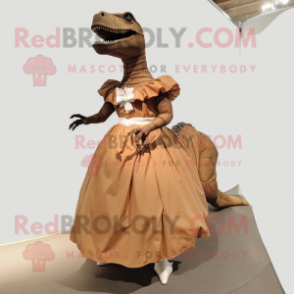 Brown T Rex mascot costume character dressed with a Ball Gown and Shoe clips