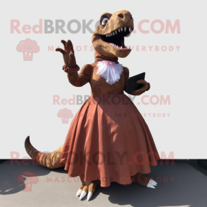 Brown T Rex mascot costume character dressed with a Ball Gown and Shoe clips