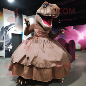 Brown T Rex mascot costume character dressed with a Ball Gown and Shoe clips