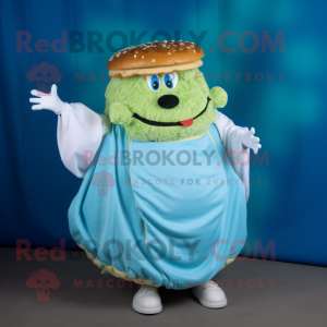 Cyan Pulled Pork Sandwich mascot costume character dressed with a Circle Skirt and Wraps
