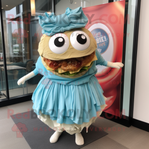 Cyan Pulled Pork Sandwich mascot costume character dressed with a Circle Skirt and Wraps
