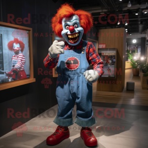 Red Evil Clown mascot costume character dressed with a Denim Shirt and Wallets