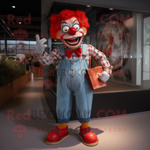 Red Evil Clown mascot costume character dressed with a Denim Shirt and Wallets
