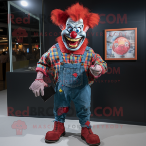 Red Evil Clown mascot costume character dressed with a Denim Shirt and Wallets