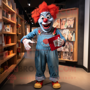 Red Evil Clown mascot costume character dressed with a Denim Shirt and Wallets