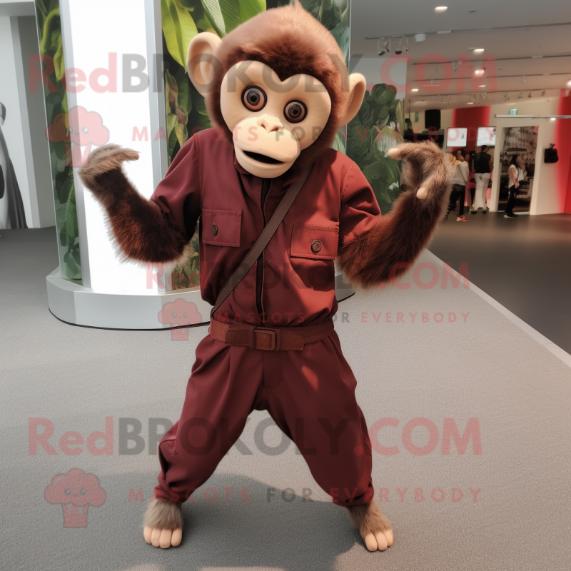 Maroon Capuchin Monkey mascot costume character dressed with a Blouse and Shoe laces