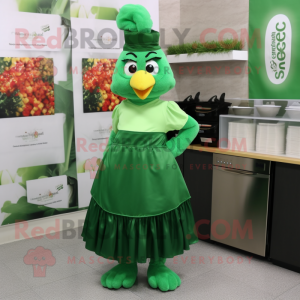 Forest Green Butter Chicken mascot costume character dressed with a Skirt and Caps