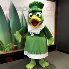 Forest Green Butter Chicken mascot costume character dressed with a Skirt and Caps