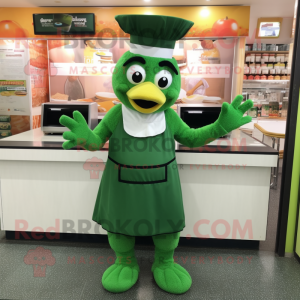 Forest Green Butter Chicken mascot costume character dressed with a Skirt and Caps