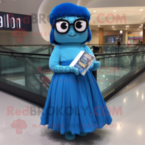 Blue Momentum mascot costume character dressed with a Empire Waist Dress and Reading glasses