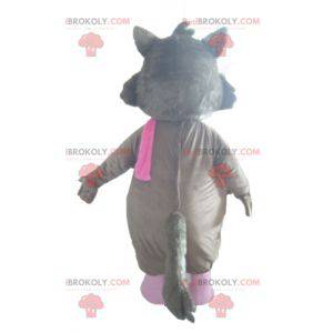 Mascotte de loup gris blanc et rose avec des lunettes -