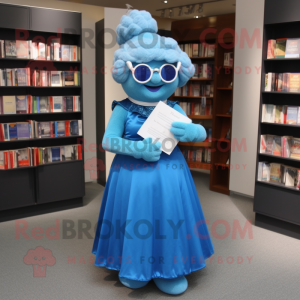 Blue Momentum mascot costume character dressed with a Empire Waist Dress and Reading glasses