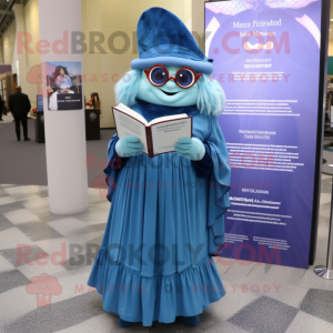 Blue Momentum mascot costume character dressed with a Empire Waist Dress and Reading glasses