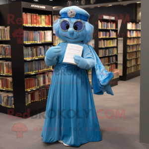 Blue Momentum mascot costume character dressed with a Empire Waist Dress and Reading glasses