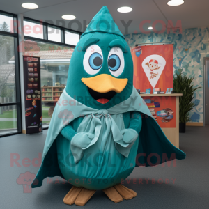 Teal Shakshuka mascot costume character dressed with a Coat and Wraps