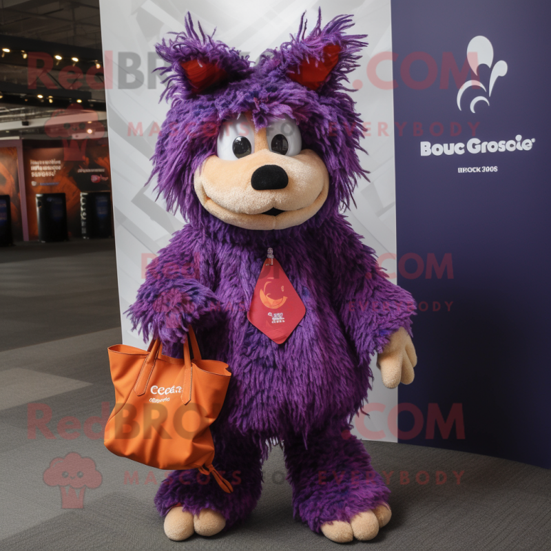 Purple Goulash mascot costume character dressed with a Coat and Tote bags Purple Goulash mascot costume character dressed with a Coat and Tote bags