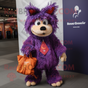 Purple Goulash mascot costume character dressed with a Coat and Tote bags