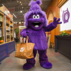 Purple Goulash mascot costume character dressed with a Coat and Tote bags