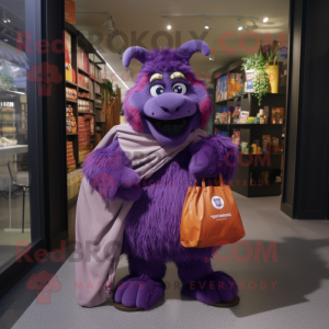 Purple Goulash mascot costume character dressed with a Coat and Tote bags